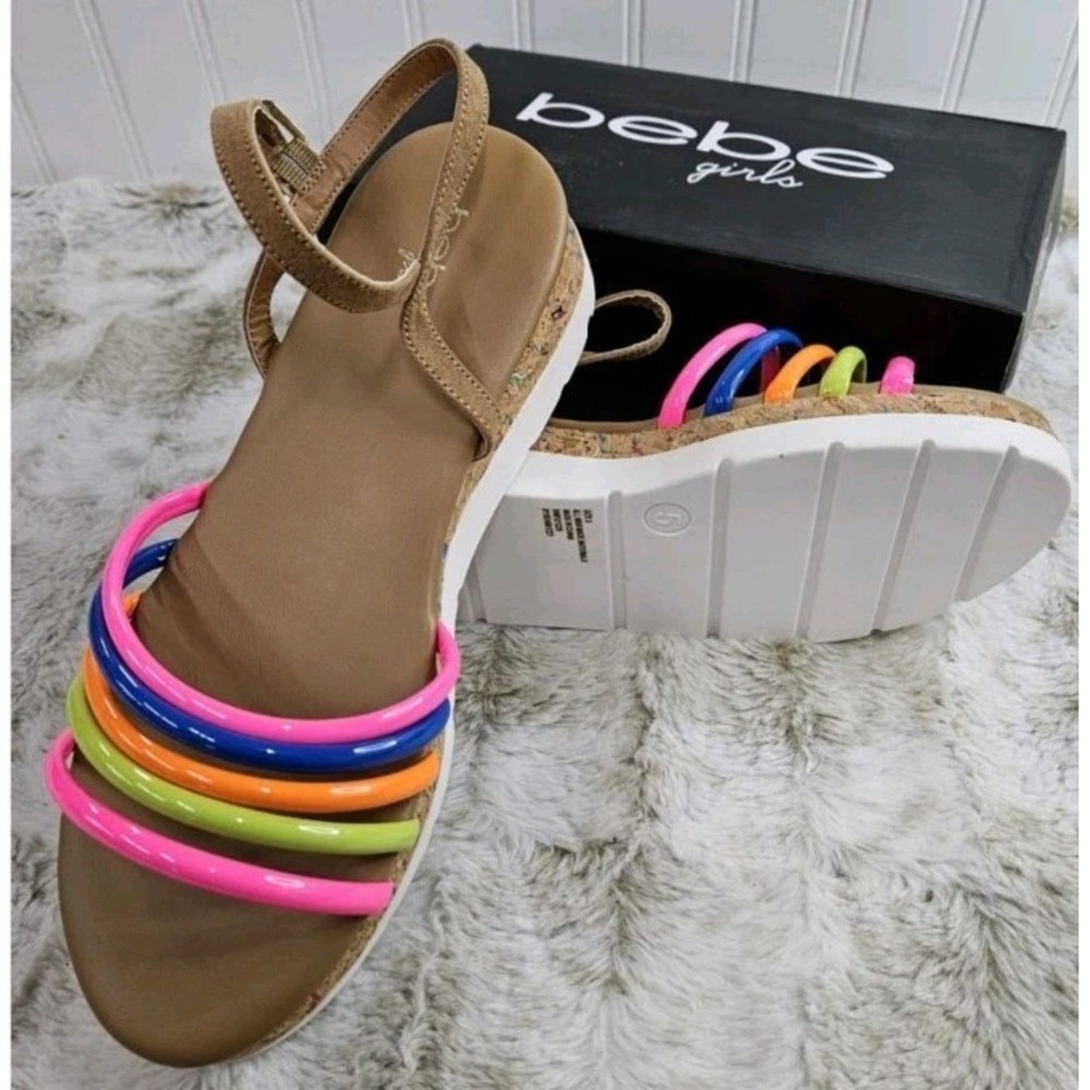 Bebe Girls size 3.5 Rainbow Multi Color Sandals Buckles On Side New BOX MSRP $52